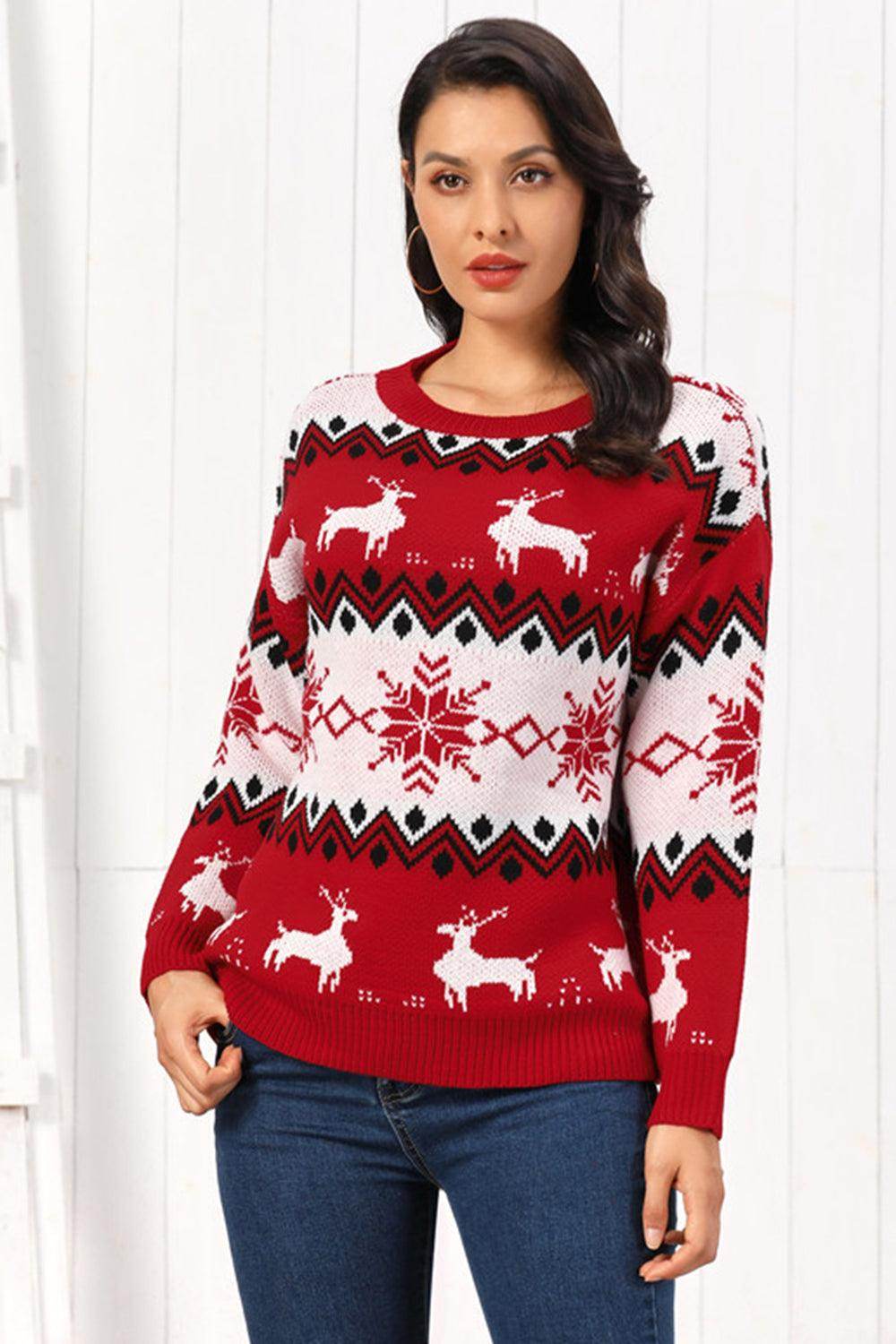 Reindeer Round Neck Sweater for Cozy Winter Style