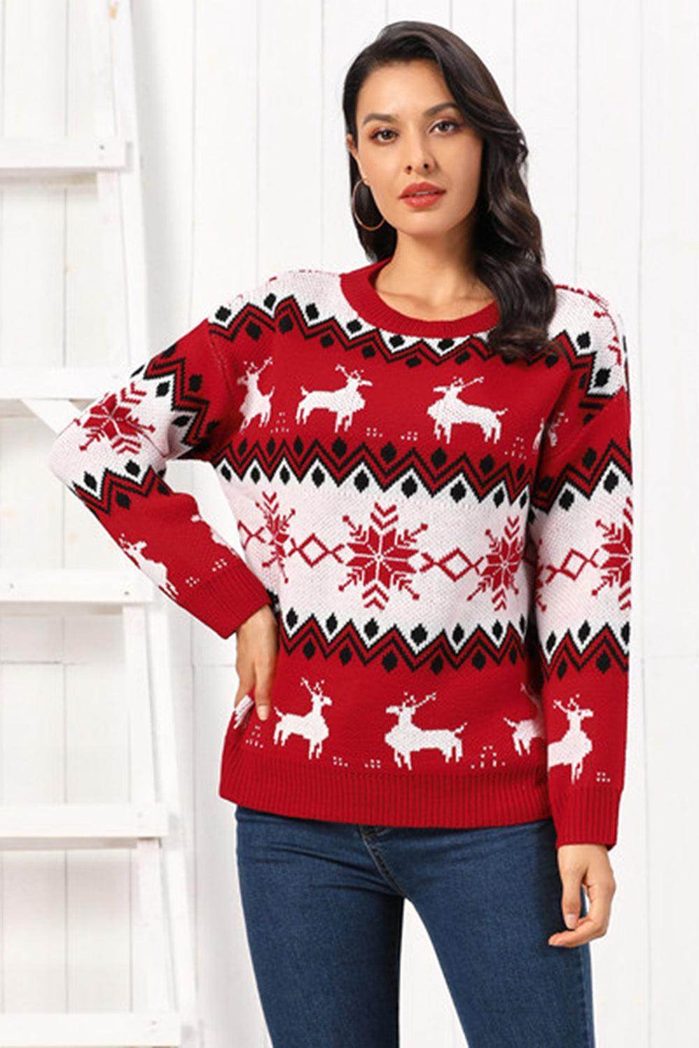Reindeer Round Neck Sweater for Cozy Winter Style