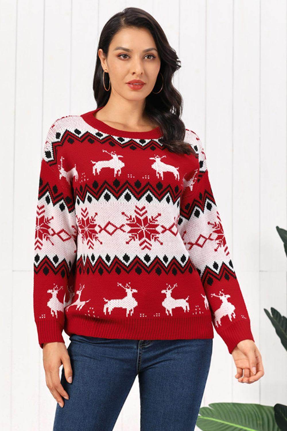 Reindeer Round Neck Sweater for Cozy Winter Style